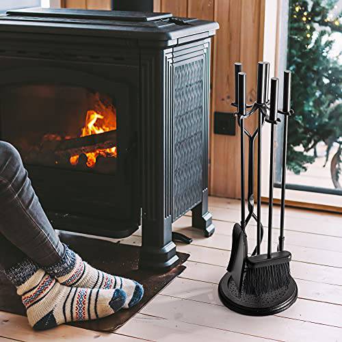 Delxo 5 Pcs Heavy Duty Steel Fireplace Tool Set Black Cast Fire Place Tool Set with Log Holder Fire Pit Stand Rustic Tongs Shovel Antique Broom Chimney Poker Wood Stove Hearth Accessories Set - delxousa