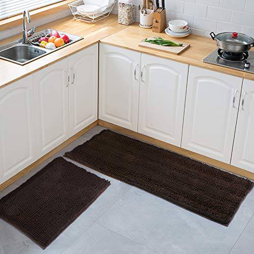 Delxo Kitchen Rug Sets,Non-Slip Soft Super Absorbent Kitchen Mat Doormat Carpet Set,Chenille Microfiber Material,17"x48" +17"x24" (Brown) - delxousa