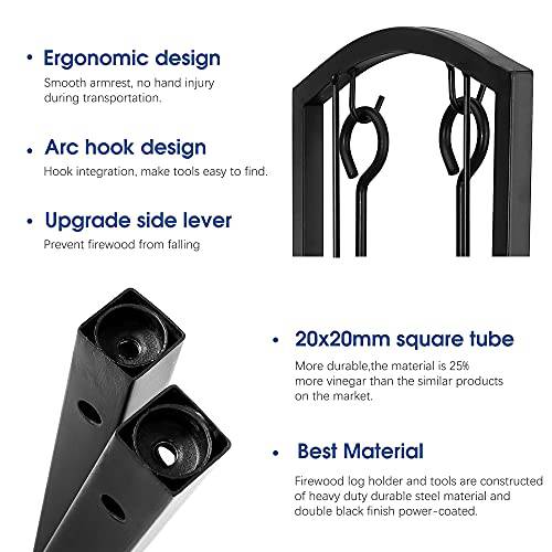 Delxo Fireplace Rack with 4 pcs Fireplace Tools Fireplace Log Holder for Indoor and Outdoor Black Fireplace Log Rack Wrought Iron Logs Bin Holder for Fireplace Tool Set - delxousa