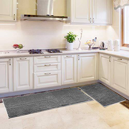 Delxo Kitchen Mat Sets,17"X48"+17"X24" 2 Piece Non Slip Soft Super Absorbent Kitchen Rug Chenille Microfiber Doormat Carpet Set(Grey) - delxousa