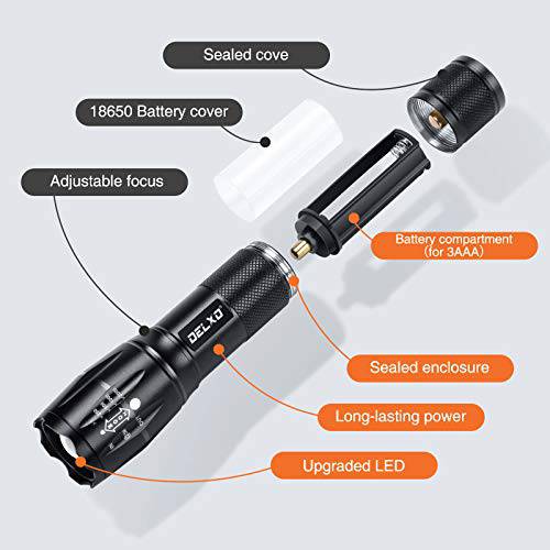 DELXO Flashlights High Lumens, Tactical Flash Light 2 Pack, LED Handheld Flashlights With 5 Modes, Zoomable, Water Resistant, EDC Flashlight for Camping, Outdoor, Emergency, Hiking, Survival - delxousa