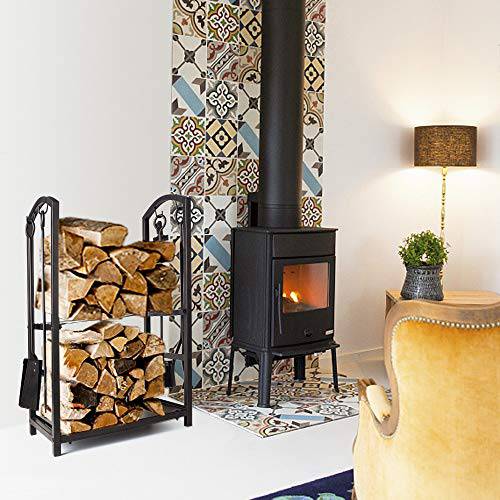 Syntrific Fireplace Log Rack with 4 Fireplace Tools Fireplace Log Holder for Indoor and Outdoor Heavy Duty Steel Black Fireplace Log Rack Wrought Iron Logs Bin Holder for Fireplace Tool Set - delxousa