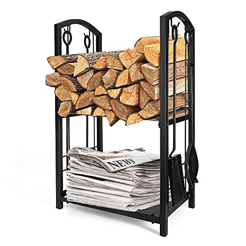 Delxo Fireplace Rack with 4 pcs Fireplace Tools Fireplace Log Holder for Indoor and Outdoor Black Fireplace Log Rack Wrought Iron Logs Bin Holder for Fireplace Tool Set - delxousa