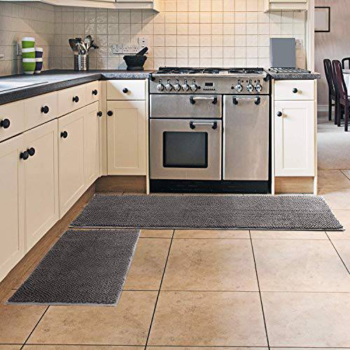 Delxo Kitchen Mat Sets,17"X48"+17"X24" 2 Piece Non Slip Soft Super Absorbent Kitchen Rug Chenille Microfiber Doormat Carpet Set(Grey) - delxousa