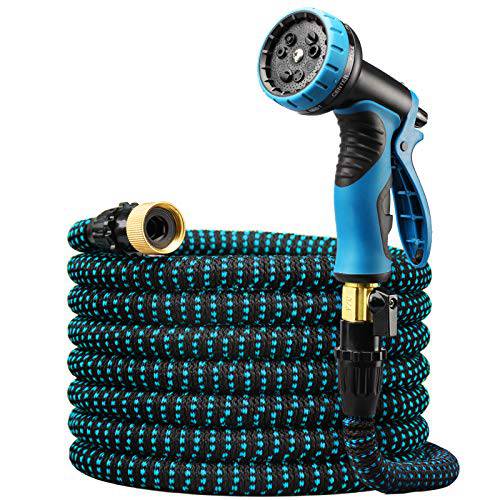 Delxo 50Ft Expandable Garden Hose,9-Function Water Hose in Blue,Heavy Duty High-Pressure Spray Nozzle, Leakproof Design 3/4” Solid Brass Fittings - delxousa