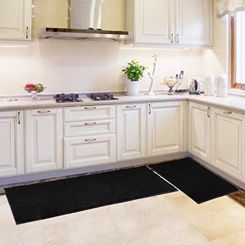 Delxo Kitchen Mat Sets,2 Piece Non Slip Soft Super Absorbent Kitchen Rug Chenille Microfiber Doormat Carpet Set,20"X30"+20"X60" (Black) - delxousa