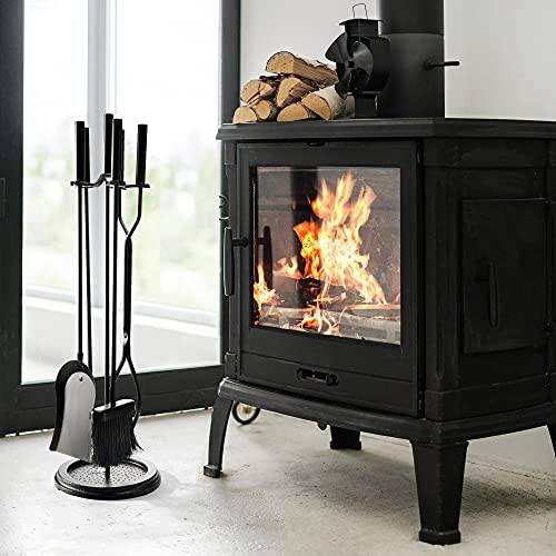 Delxo 5 Pcs Heavy Duty Steel Fireplace Tool Set Black Cast Fire Place Tool Set with Log Holder Fire Pit Stand Rustic Tongs Shovel Antique Broom Chimney Poker Wood Stove Hearth Accessories Set - delxousa