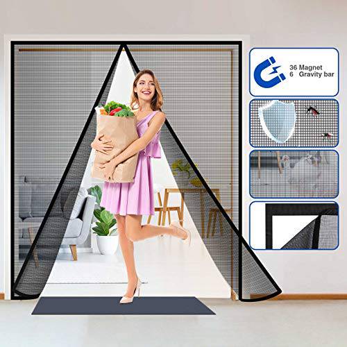 Delxo72x80" Magnetic Screen Door with 32 Magnetics Durable Fiberglass Mesh Curtain,Dogs Pets Friendly Door Screen, Black - delxousa