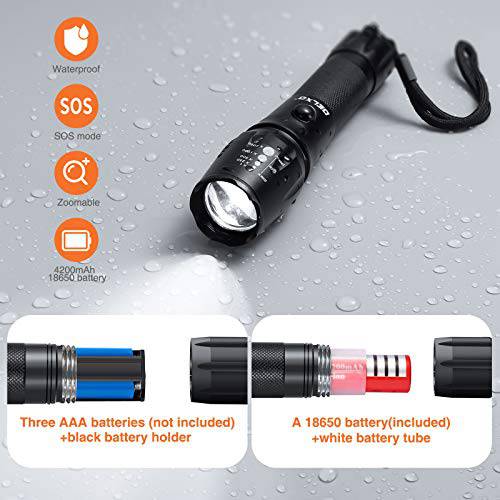 Delxo Tactical LED Rechargeable Flashlight High Lumens Flash Light with 4200mAh 18650 Battery 5 Lighting Modes, Zoomable Waterproof Flashlight for Cycling Camping Hiking - delxousa