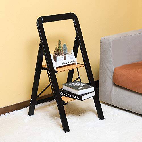 Delxo Aluminum 2 Step Stool Ladder,2020 Upgrade Lightweight Folding Step Stool with Long Handle, Anti-Slip Sturdy Pedal, Classic Wood Look Without Wood Worry Step Ladder, Hold Up to 330LB - delxousa