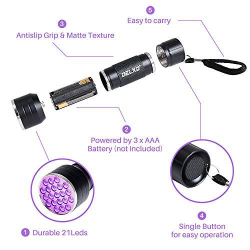 2 Pack UV Flashlight, Delxo 21 LED Black light Flashlite 395nm Detector for Dog Pet Urine Stains Bed Bugs and Scorpions,Authenticate Currghtency,Detection Lis of Fluorescent Agent - delxousa