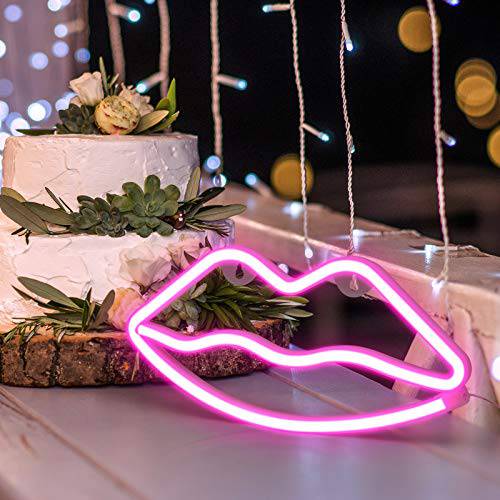 DELXO Lips Neon Lights, Neon Signs for Wall Decor, 3 AA Battery/USB Powered, LED Neon Decorative Light Makeup Room Decor for Christmas, Birthday Party, Kids Room, Living Room, Bedroom Decorations, - delxousa