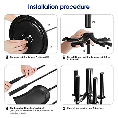 Delxo 5 Pcs Heavy Duty Steel Fireplace Tool Set Black Cast Fire Place Tool Set with Log Holder Fire Pit Stand Rustic Tongs Shovel Antique Broom Chimney Poker Wood Stove Hearth Accessories Set - delxousa