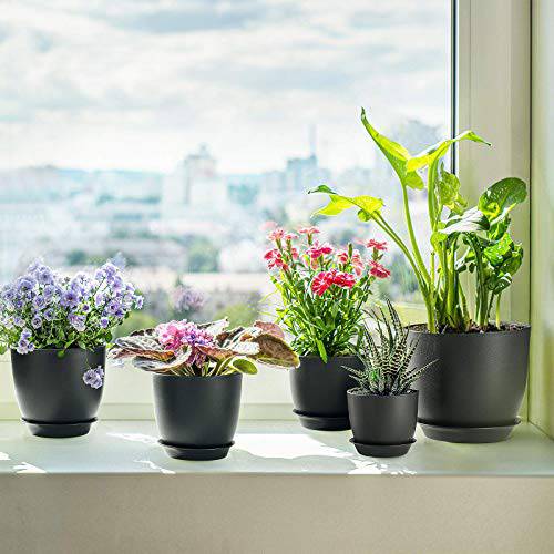 Delxo 5pcs Plant Pots，Flower Pots Indoor with Saucers and Drainage Hole,Plastic Nursery Garden Pots for Plants,Flower.4/4.5/5.5/6.3/7 Inch Planter Pot Black - delxousa