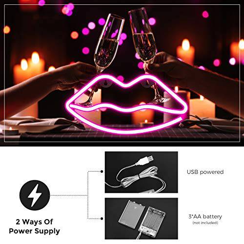 DELXO Lips Neon Lights, Neon Signs for Wall Decor, 3 AA Battery/USB Powered, LED Neon Decorative Light Makeup Room Decor for Christmas, Birthday Party, Kids Room, Living Room, Bedroom Decorations, - delxousa
