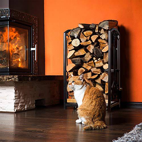 Syntrific Fireplace Log Rack with 4 Fireplace Tools Fireplace Log Holder for Indoor and Outdoor Heavy Duty Steel Black Fireplace Log Rack Wrought Iron Logs Bin Holder for Fireplace Tool Set - delxousa