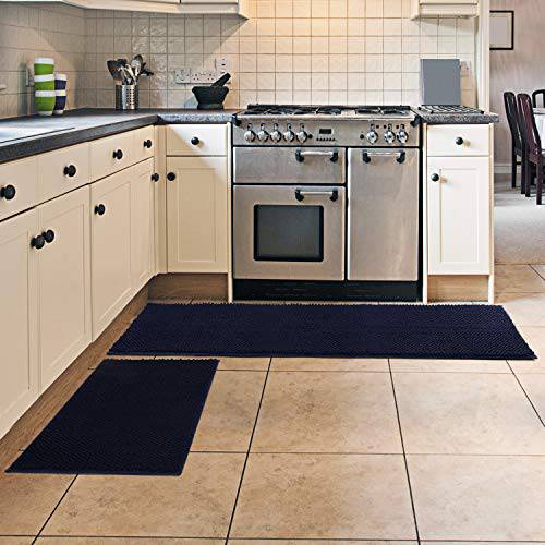 Delxo 2 Pieces Kitchen Rug Sets,Non-Slip Soft Super Absorbent Kitchen Mat Doormat Carpet Set,Chenille Microfiber Material, 17"x48" +17"x24" (Navy Blue) - delxousa