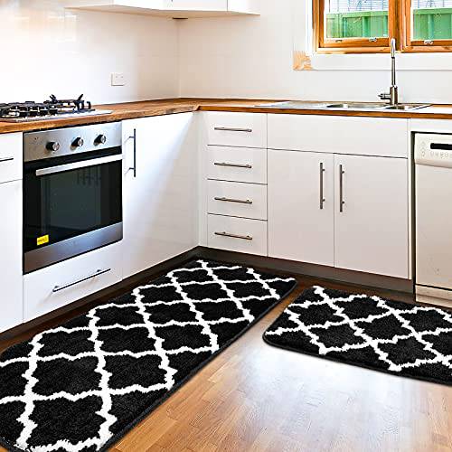 Delxo Black Kitchen Rug Sets,20X30+20X63 Microfiber Super Absorbent  Kitchen Rugs mats,Non Slip Washable 2 Pieces Kitchen Carpets and Rugs Set  in