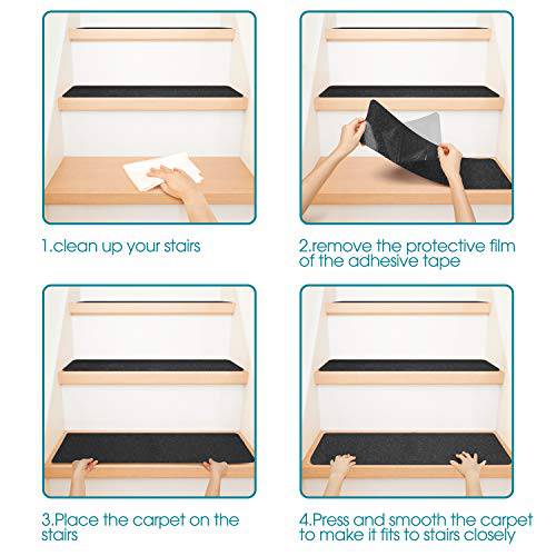 Delxo Non Slip Carpet Stair Treads, Set of 7, Rug Non Skid Runner for Grip and Beauty. Safety Slip Resistant for Kids, Elders, and Dogs,Pre Applied Adhesive .6''x30'' (Black) - delxousa