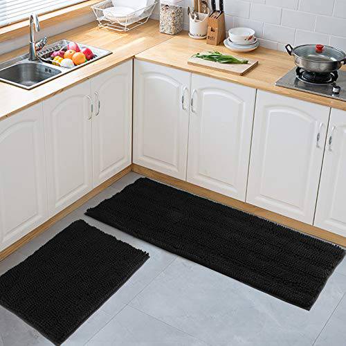 Delxo Kitchen Rug Sets,Non-Slip Soft Super Absorbent Kitchen Mat Doormat  Carpet Set,Chenille Microfiber Material,17x48 +17x24 (Black)