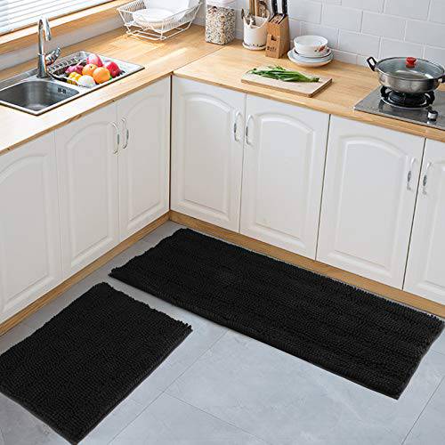 Delxo Kitchen Rug Sets,Non-Slip Soft Super Absorbent Kitchen Mat Doormat Carpet Set,Chenille Microfiber Material,17"x48" +17"x24" (Black) - delxousa