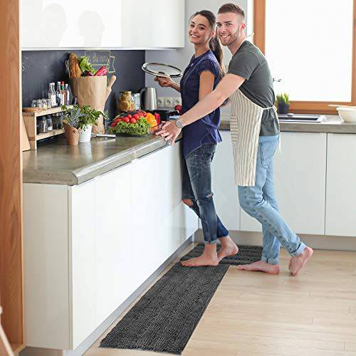 Delxo Kitchen Rug Kitchen Mat Sets Non-Slip Soft Super Absorbent Kitchen Mat Doormat Carpet Set,Chenille Microfiber Material,17"x48" +17"x24" (Grey) - delxousa