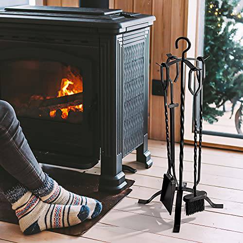 Delxo 5pcs Fireplace Tool Set Black Cast Iron Fire Place Tool Set with Log Holder Fire Pit Stand Rustic Tongs Shovel Antique Broom Chimney Poker Wood Stove Hearth Accessories - delxousa
