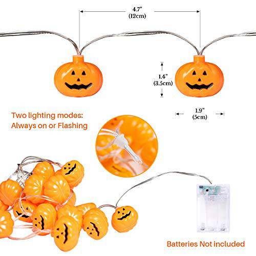 Delxo Halloween Decorations String Lights, 20 LED Pumpkin String Lights 9.8 Feet for Halloween Party Outdoor & Indoor, Battery Powered 2 Modes Steady/Flickering Lights Waterproof Decorate Pumpkin - delxousa