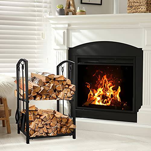 Delxo Fireplace Rack with 4 pcs Fireplace Tools Fireplace Log Holder for Indoor and Outdoor Black Fireplace Log Rack Wrought Iron Logs Bin Holder for Fireplace Tool Set - delxousa