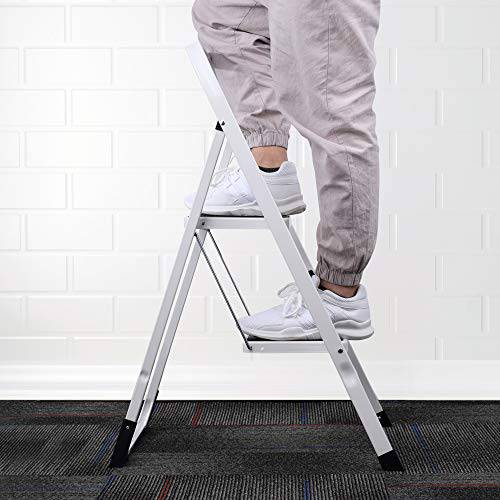 Delxo 2 Step Stool，2 Step Folding Step Stool with Handgrip, Lightweight But Heavy Duty 2 Step Ladder Multi-Use for Household, Kitchen and Office Portable 2 Step Steel Ladder 330lbs White (2 Feet) - delxousa
