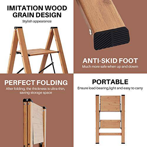 Delxo Lightweight Aluminum Woodgrain 2 Step Stool Folding Step Stool Step ladders Home and Kitchen Step Ladder Anti-Slip Sturdy and Wide Pedal Ladders 330lbs Capacity Space Saving (2020 Upgrade) - delxousa