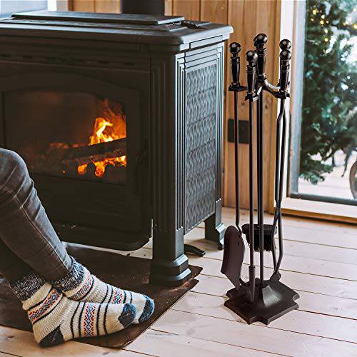 Syntrific 5 Pieces 32inch Fireplace Tool Set Black Cast Iron Fire Place Tool Set with Log Holder Fire Pit Stand Rustic Tongs Shovel Antique Broom Chimney Poker Wood Stove Hearth Accessories Set - delxousa