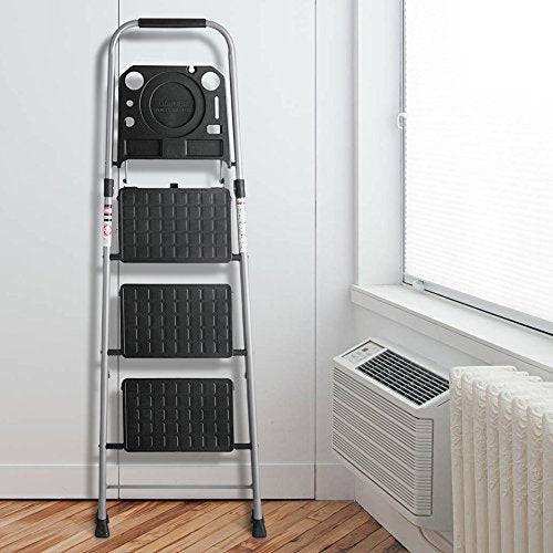 Delxo Folding Steel 3-Step Stool Ladder Tool Equipment for Indoor, Outdoor with Soft Handgrip Anti-Slip Widen Pedals Safe Metal Lock Design 300lbs Capacity - delxousa