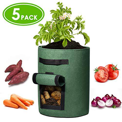 Delxo 5 Pack 7 Gallon Potato Grow Bags Two SidesVelcro Window Vegetable Grow Bags, Double Layer Premium Breathable Nonwoven Cloth for Potato/Plant Container/Aeration Fabric Pots with Handles（Green） - delxousa