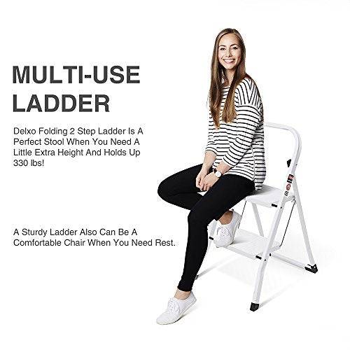 Delxo 2 Step Ladder Folding Step Stool Ladder with Handgrip Anti-Slip Sturdy and Wide Pedal Multi-Use for Household and Office Portable Step Stool Steel 300lbs White (2 feet) - delxousa
