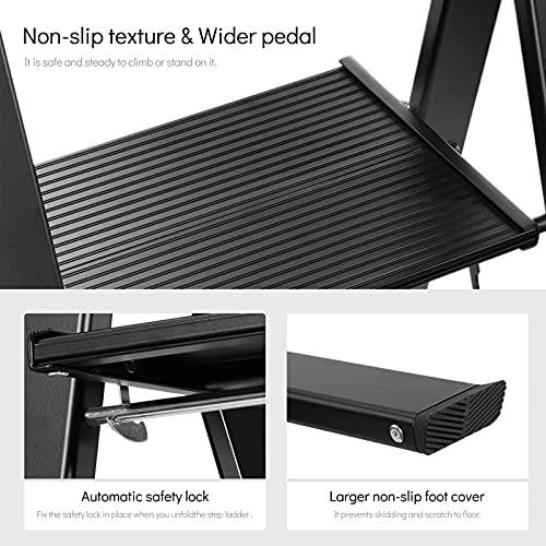 Delxo 2 Step Stool,Aluminium Step Ladder 2 Step in Black,Lightweight But Heavy Duty Portable Folding Step Stool with Wide Hand Grip,Hold up to 330 Lbs - delxousa