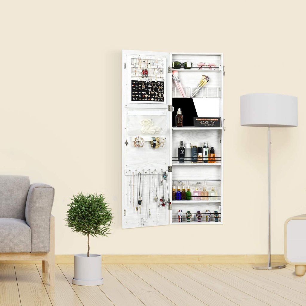 Delxo Jewelry Armoire With Mirror For Door, Over The Door Mirror Jewelry Cabinet, Wall Jewelry Organizer, Over Door Mirror With Jewelry Storage, Lockable Large Full Length Mirror With Storage, White - Delxo