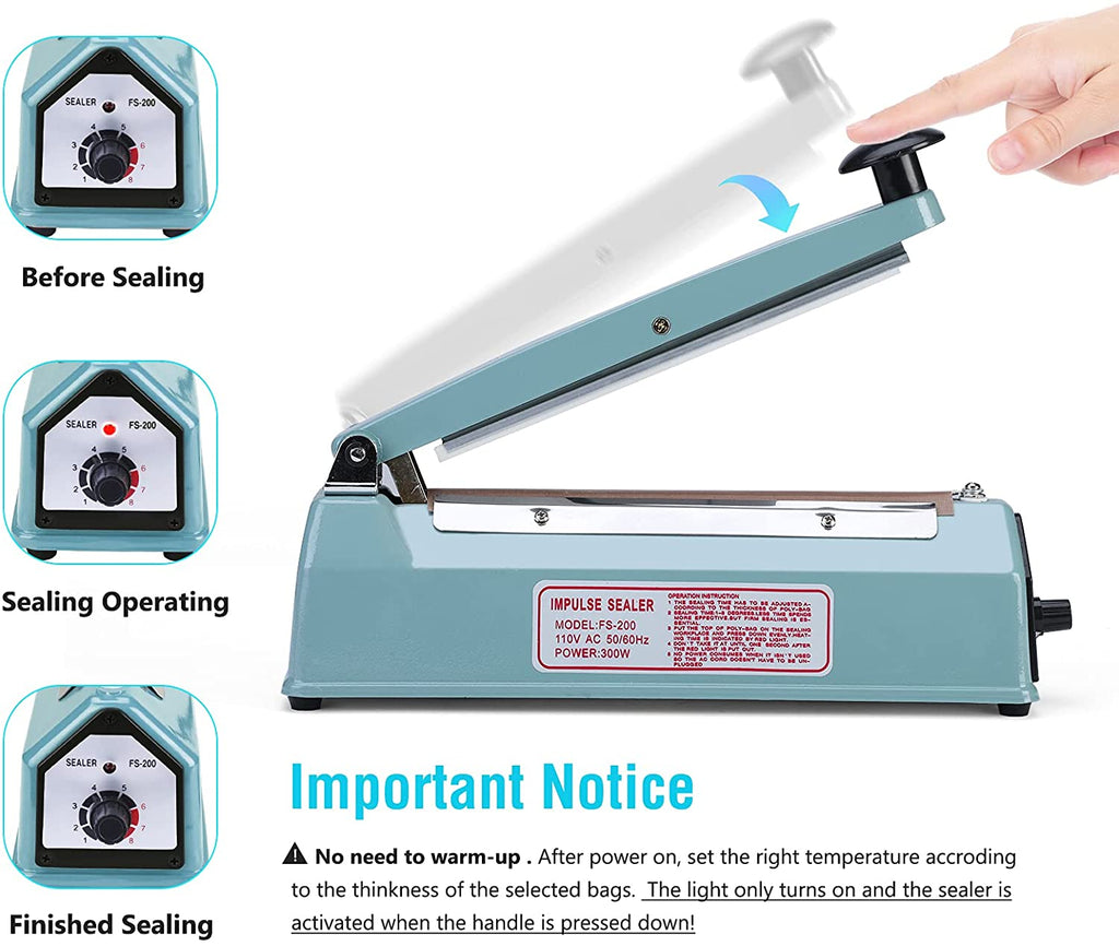 Delxo 8 inch 12 inch 16 inch Impulse Bag Sealer Poly Bag Sealing Machine Heat Seal Closer with Repair Kit in Orange Blue Black - Delxo