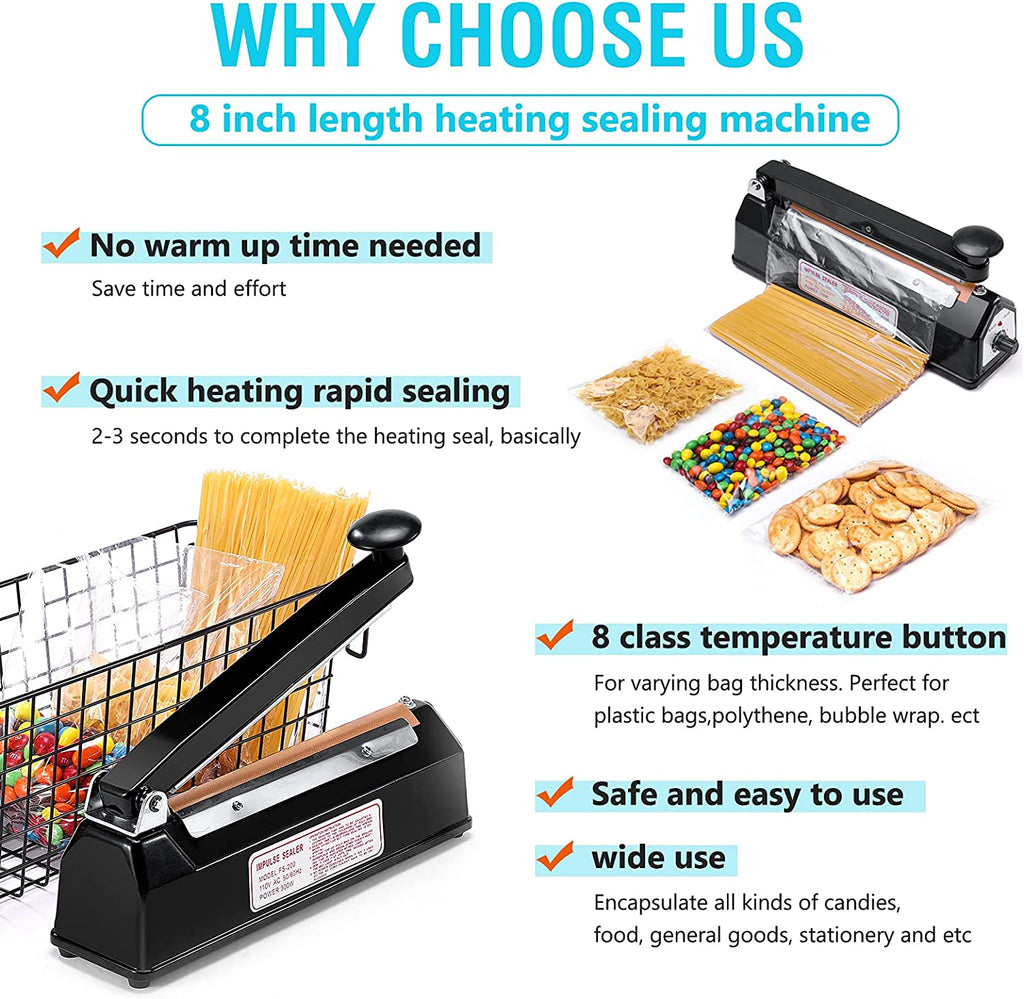 Delxo 8 inch 12 inch 16 inch Impulse Bag Sealer Poly Bag Sealing Machine Heat Seal Closer with Repair Kit in Orange Blue Black - Delxo